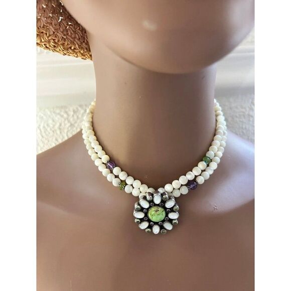 Stunning 925 Vintage Double Strand Flower Stones Necklace - Picture 8 of 9